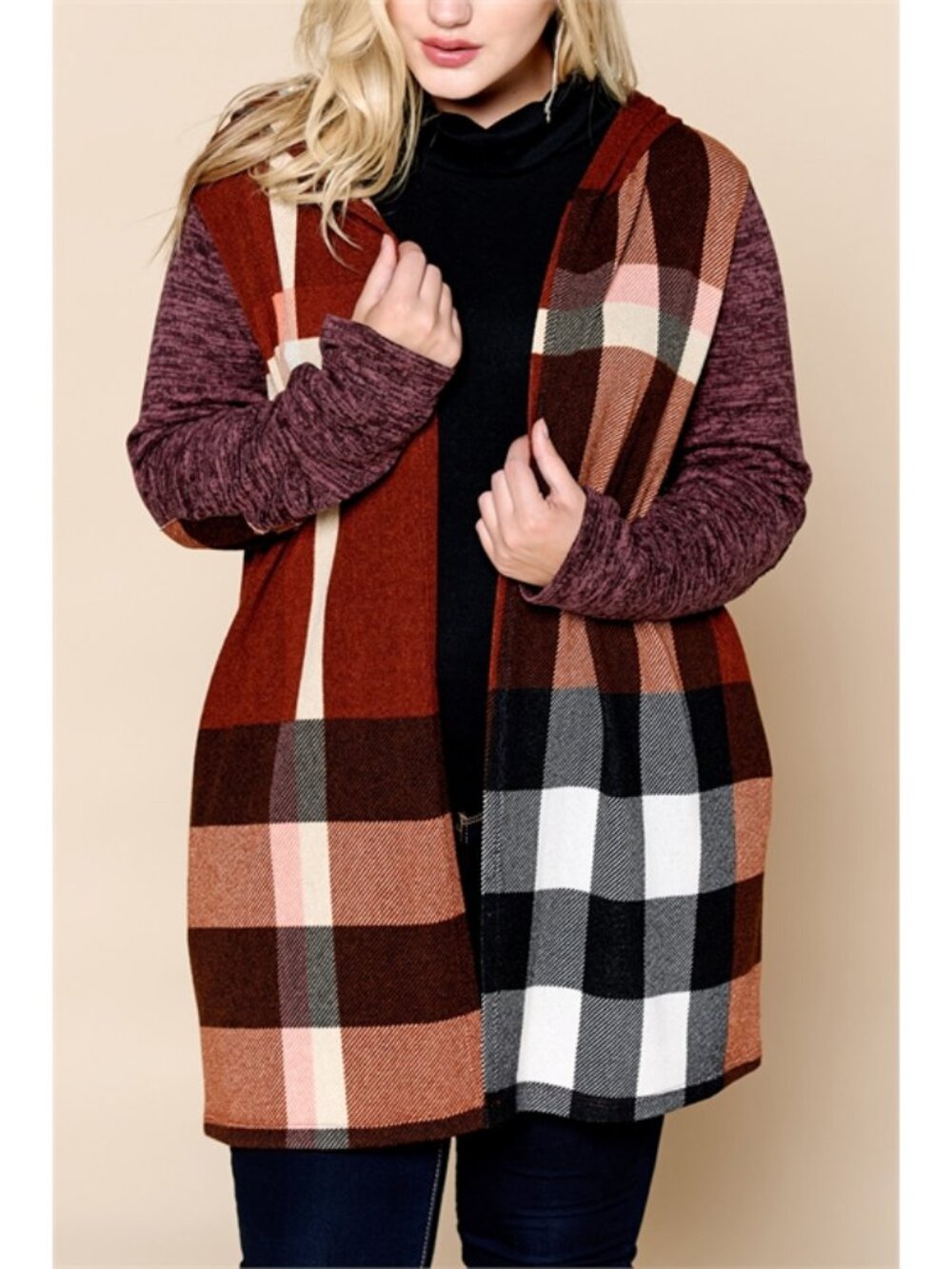Oddy Burgundy Plaid Hooded Cardigan Sweater Size 1X 2X or 3X